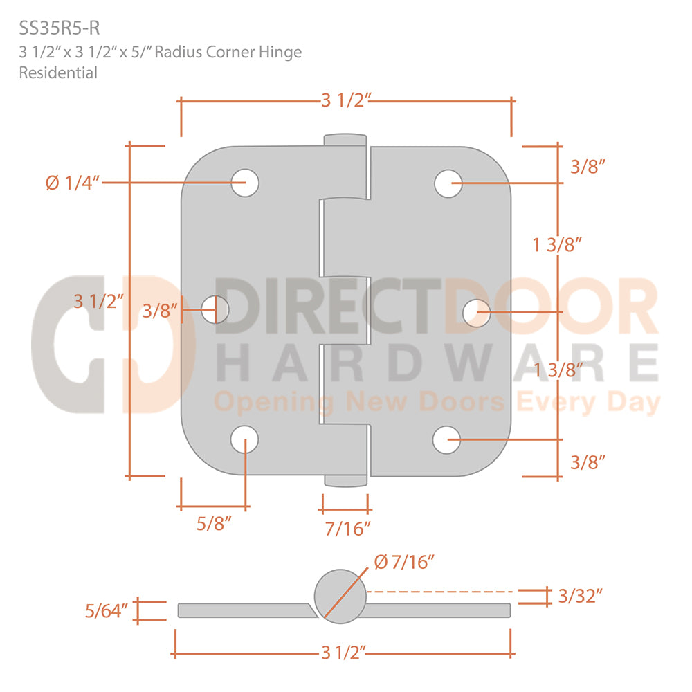 Deltana 3 1/2 x 3 1/2 Inch 5/8" Radius Corner Stainless Steel Hinge Measurements