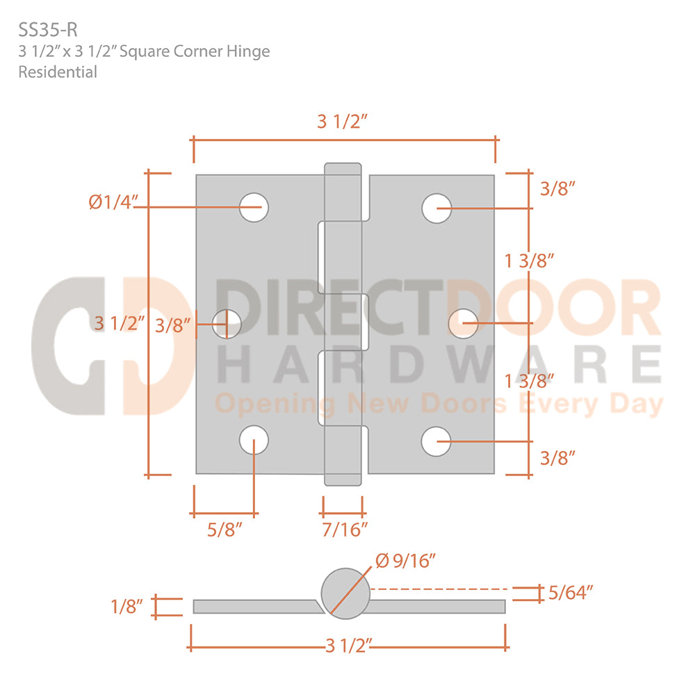 Deltana 3 1/2" x 3 1/2" Square Corner Stainless Steel Residential Hinge Measurements