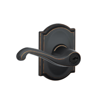Schlage Flair Keyed Lever with Camelot Rosette-Aged Bronze