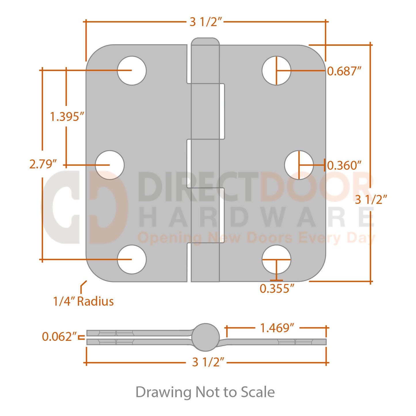 Measurements for Hager 3 1/2 Door Hinge - 5/8 inch Radius