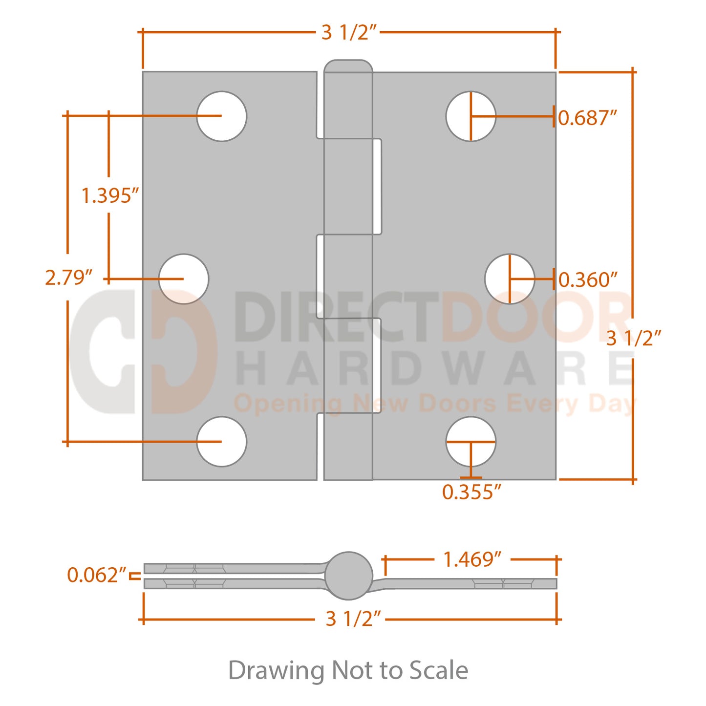 Measurements for Hager 3 1/2 Door Hinge - Square Corners