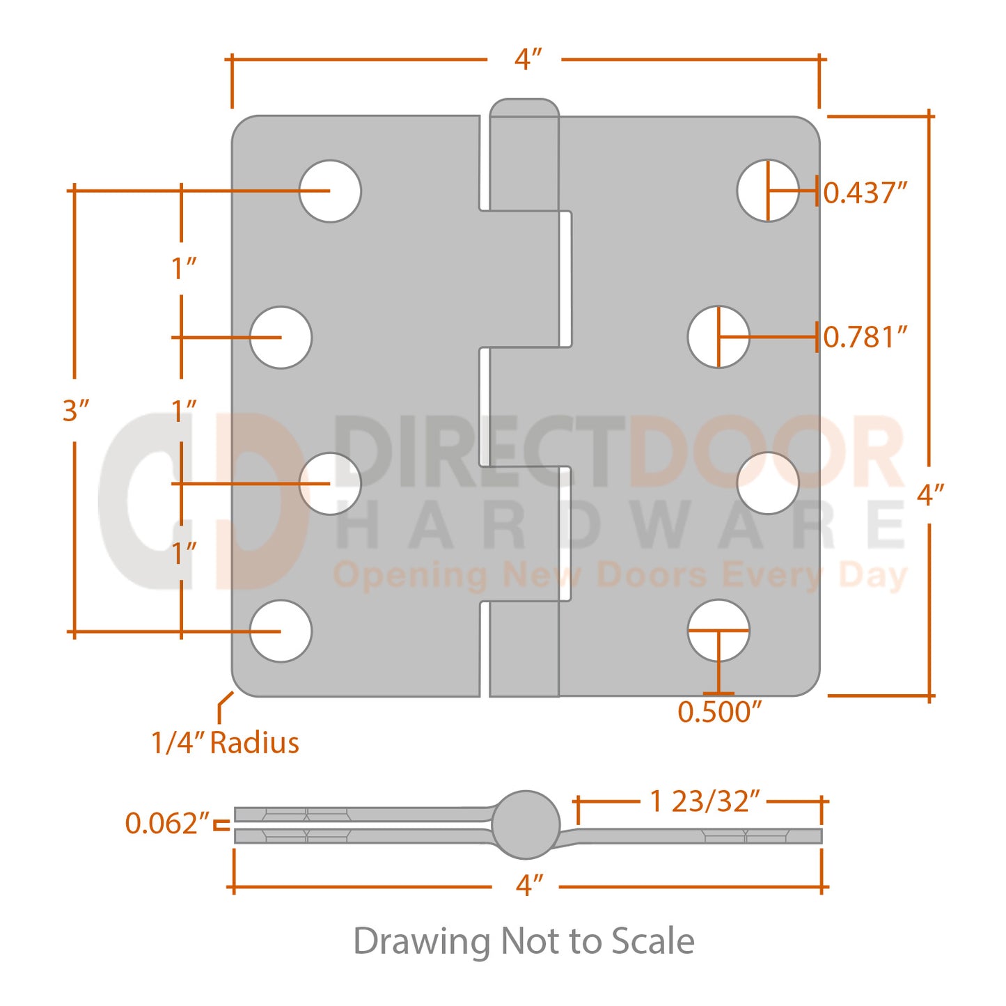 Measurements for Hager 4x4 Door Hinge - 1/4 inch Radius