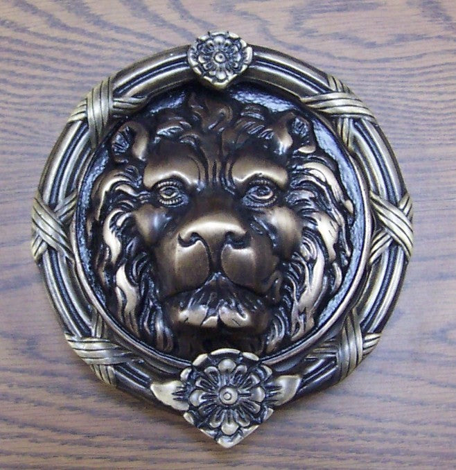 Brass Accents Lions Head Door Hardware in Antique Brass