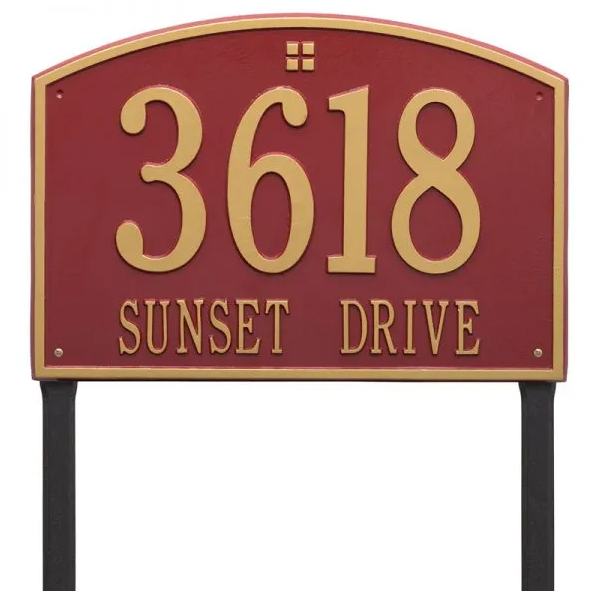 Whitehall 1174 Arch Marker Estate Lawn Address Plaque in Red with Gold