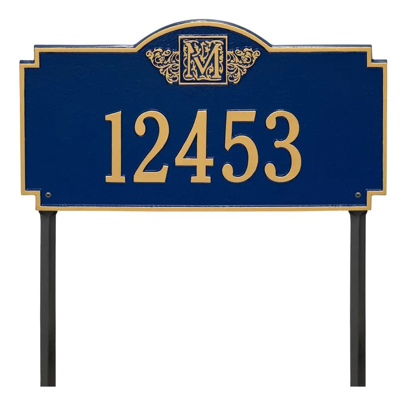 Whitehall 5103  Arch Marker Estate Lawn Address Plaque in Blue and Gold