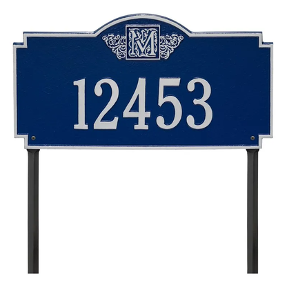 Whitehall 5103  Arch Marker Estate Lawn Address Plaque in Blue and Silver