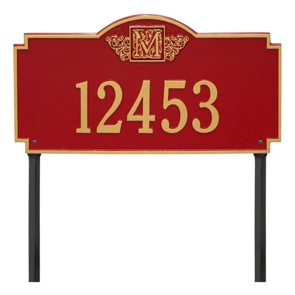 Whitehall 5103  Arch Marker Estate Lawn Address Plaque in Red and Gold