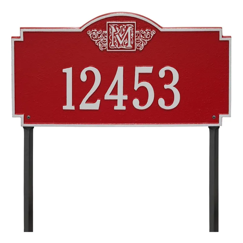 Whitehall 5103  Arch Marker Estate Lawn Address Plaque in Red and Silver