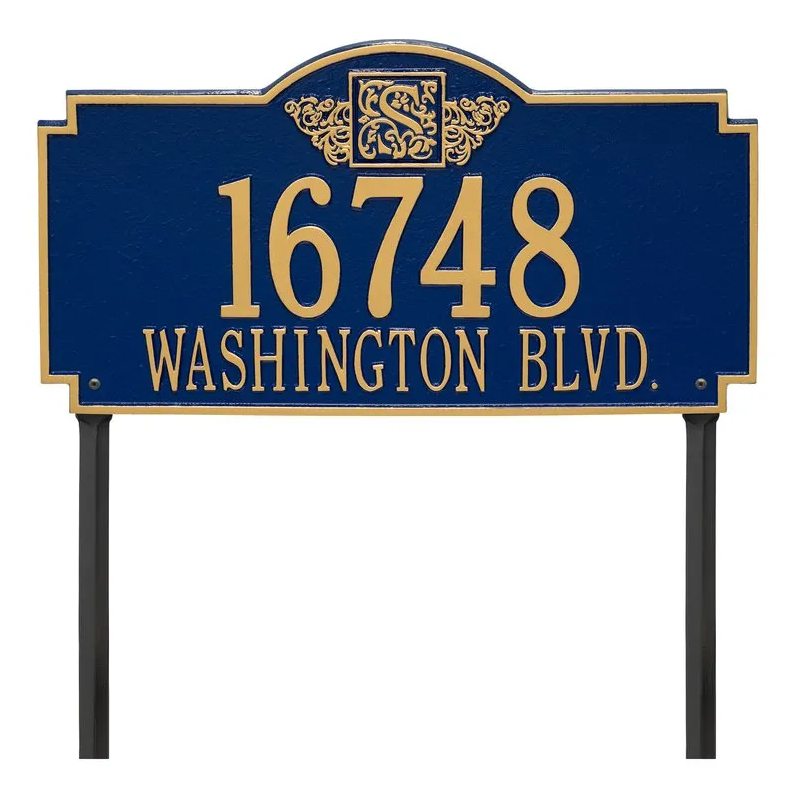 Whitehall 5104 Arch Marker Estate Lawn Address Plaque in Blue and Gold