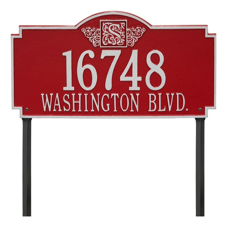 Whitehall 5104 Arch Marker Estate Lawn Address Plaque in Red and Silver