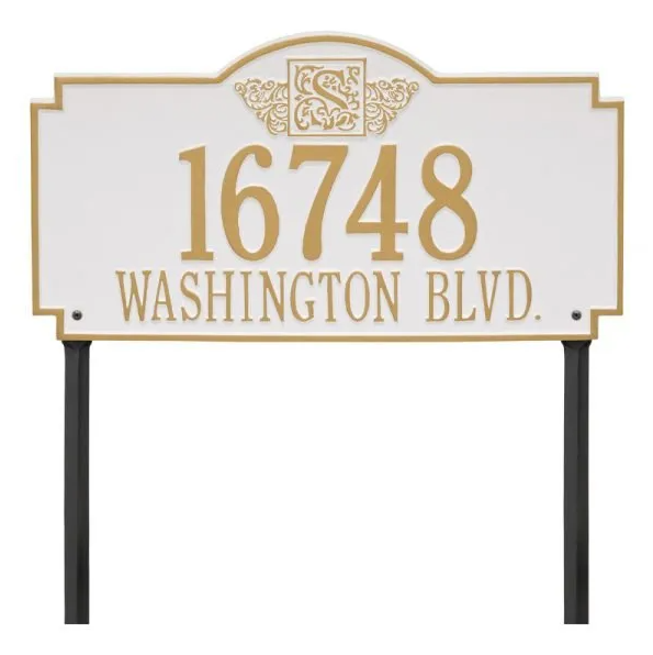 Whitehall 5104 Arch Marker Estate Lawn Address Plaque in White and Gold