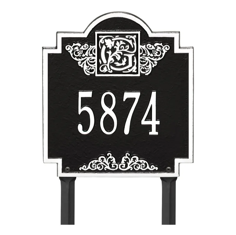 Whitehall 5107 Arch Marker Estate Lawn Address Plaque in Black and White
