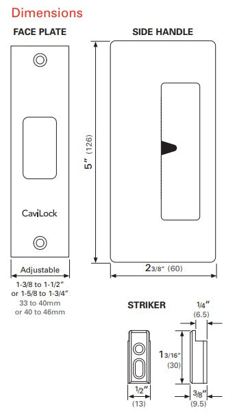 Cavilock CL205A Pocket Door Lock Measurements