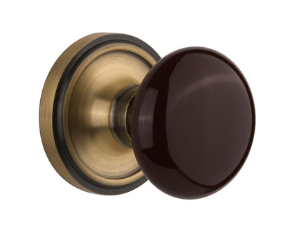 Nostalgic Warehouse Brown Porcelain Knob with Classic Rosette - Antique Brass