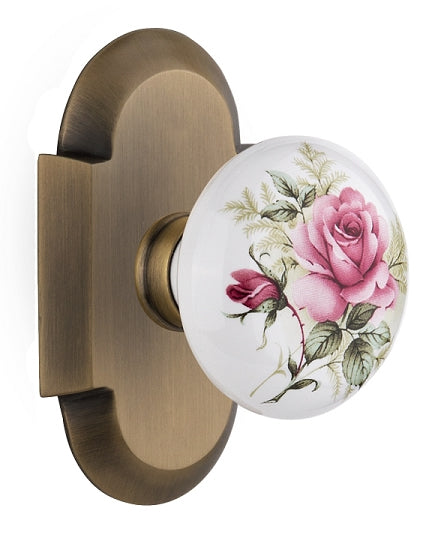 Nostalgic Warehouse Cottage Plate with Rose Porcelain Knob - Antique brass