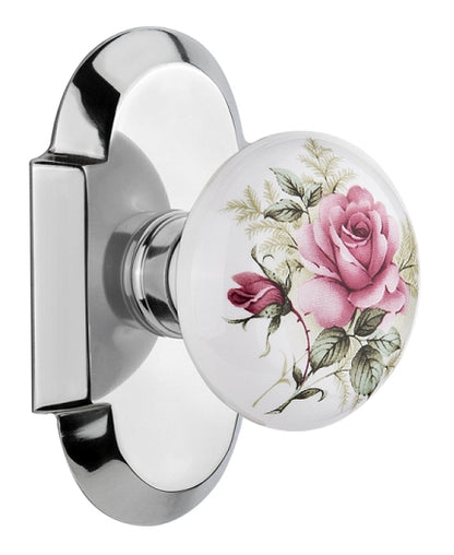 Nostalgic Warehouse Cottage Plate with Rose Porcelain Knob - Bright Chrome