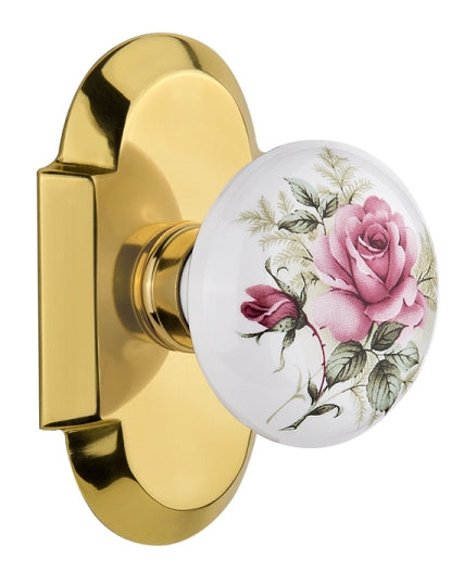 Nostalgic Warehouse Cottage Plate with Rose Porcelain Knob - Polished brass