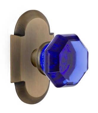Nostalgic Warehouse Cottage Plate with Cobalt Waldorf Crystal Knob - Antique Brass