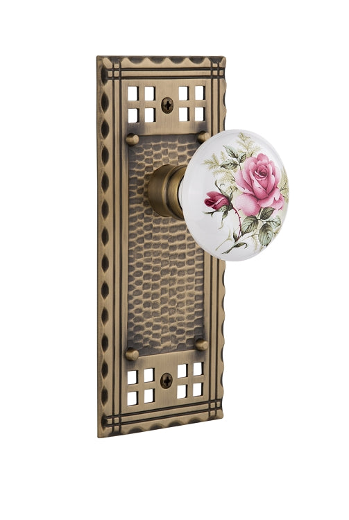 Nostalgic Warehouse Craftsman Plate with Rose Porcelain Knob - Antique Brass