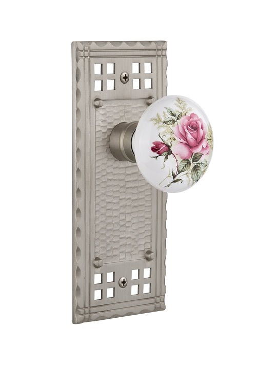 Nostalgic Warehouse Craftsman Plate with Rose Porcelain Knob - Satin Nickel