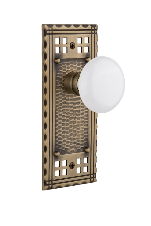 Nostalgic Warehouse Craftsman Plate with White Porcelain Knob - Antique Brass