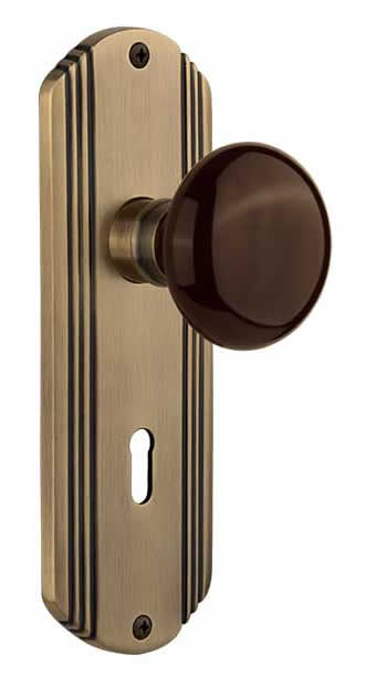 Nostalgic Warehouse Deco Plate with Brown Porcelain Knob - Antique Brass