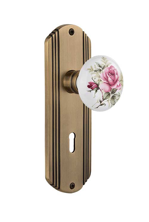 Nostalgic Warehouse Deco Plate with Rose Porcelain Knob - Antique Brass