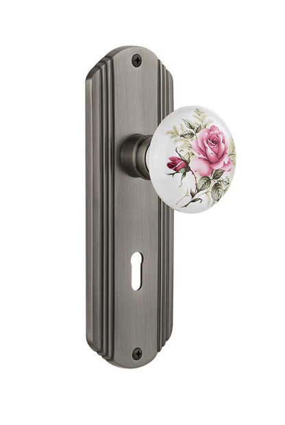 Nostalgic Warehouse Deco Plate with Rose Porcelain Knob - Antique Pewter