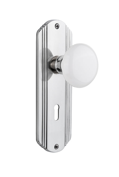Nostalgic Warehouse Deco Plate with White Porcelain Knob - Bright Chrome