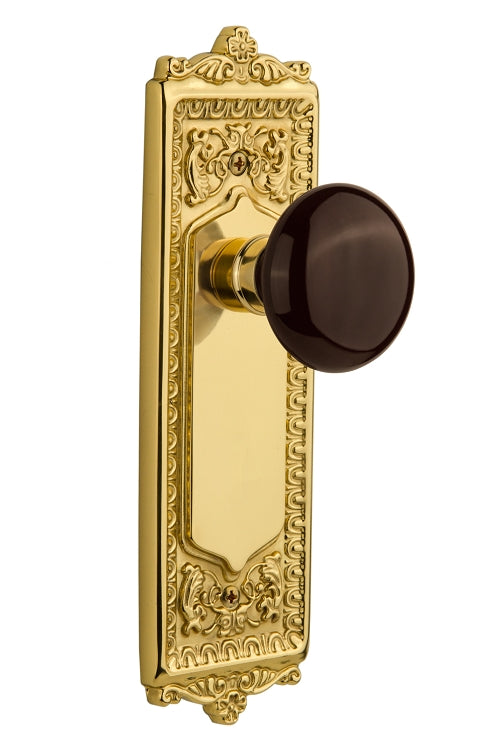 Nostalgic Warehouse Egg and Dart Plate with Brown Porcelain Knob - Polished Brass