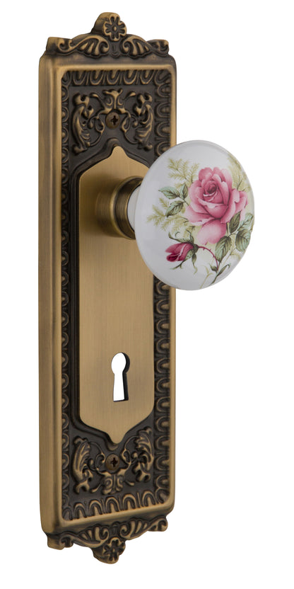 Nostalgic Warehouse Egg and Dart Plate with White/Rose Porcelain Knob - Mortise Lock