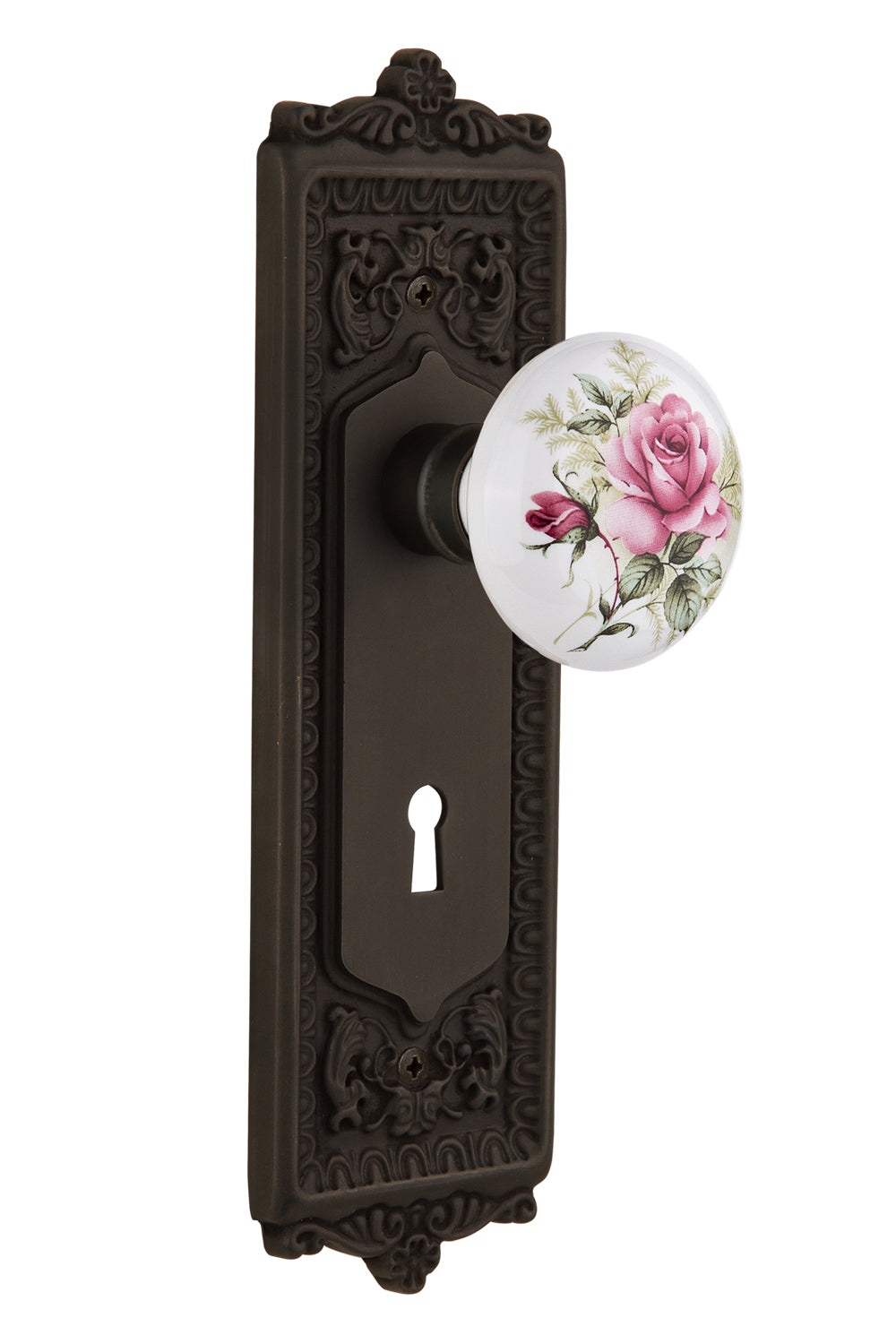 Nostalgic Warehouse Egg and Dart Plate with White/Rose Porcelain Knob - Mortise Lock