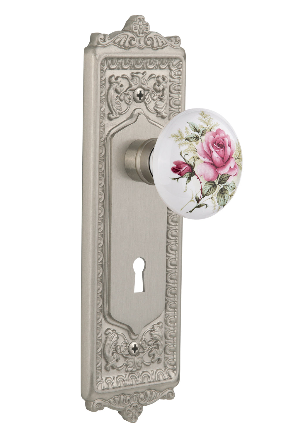 Nostalgic Warehouse Egg and Dart Plate with White/Rose Porcelain Knob - Mortise Lock