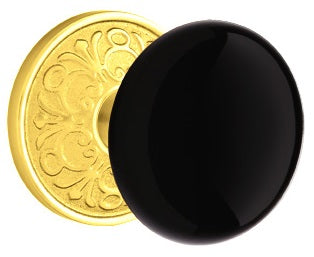 Emtek Ebony Knob Porcelain With Lancaster Rosette Polished Brass