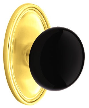 Emtek Ebony Porcelain Knob With Oval Rosette Polished Brass