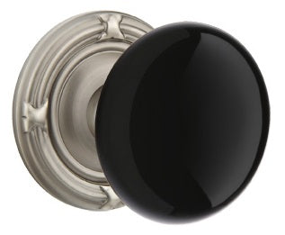 Emtek Ebony Porcelain Knob With Ribbon And Reed Rosette Satin Nickel