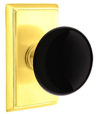 Emtek Ebony Porcelain Knob With Rectangular Rosette Polished Brass