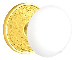 Emtek Ice White Knkob With Lancaster Rosette Polished Brass