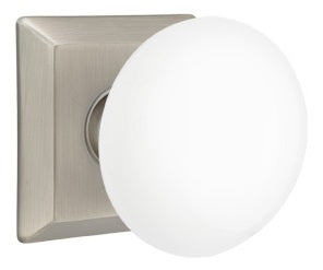 Emtek Ice White Knob With Quincy Rosette Satin Nickel