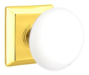 Emtek Ice White Knob With Quincy Rosette Polished Brass