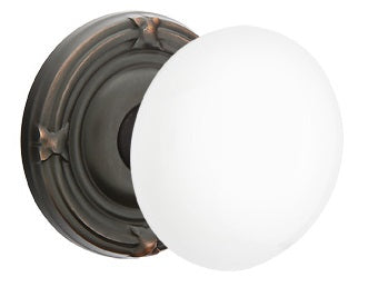 Emtek Ice White Knob With Ribbon And Reed Rosette Oil Rubbed Bronze