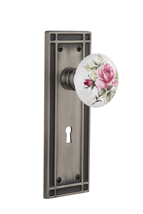 Nostalgic Warehouse Mission Plate with White/Rose Porcelain Knob - Mortise Lock