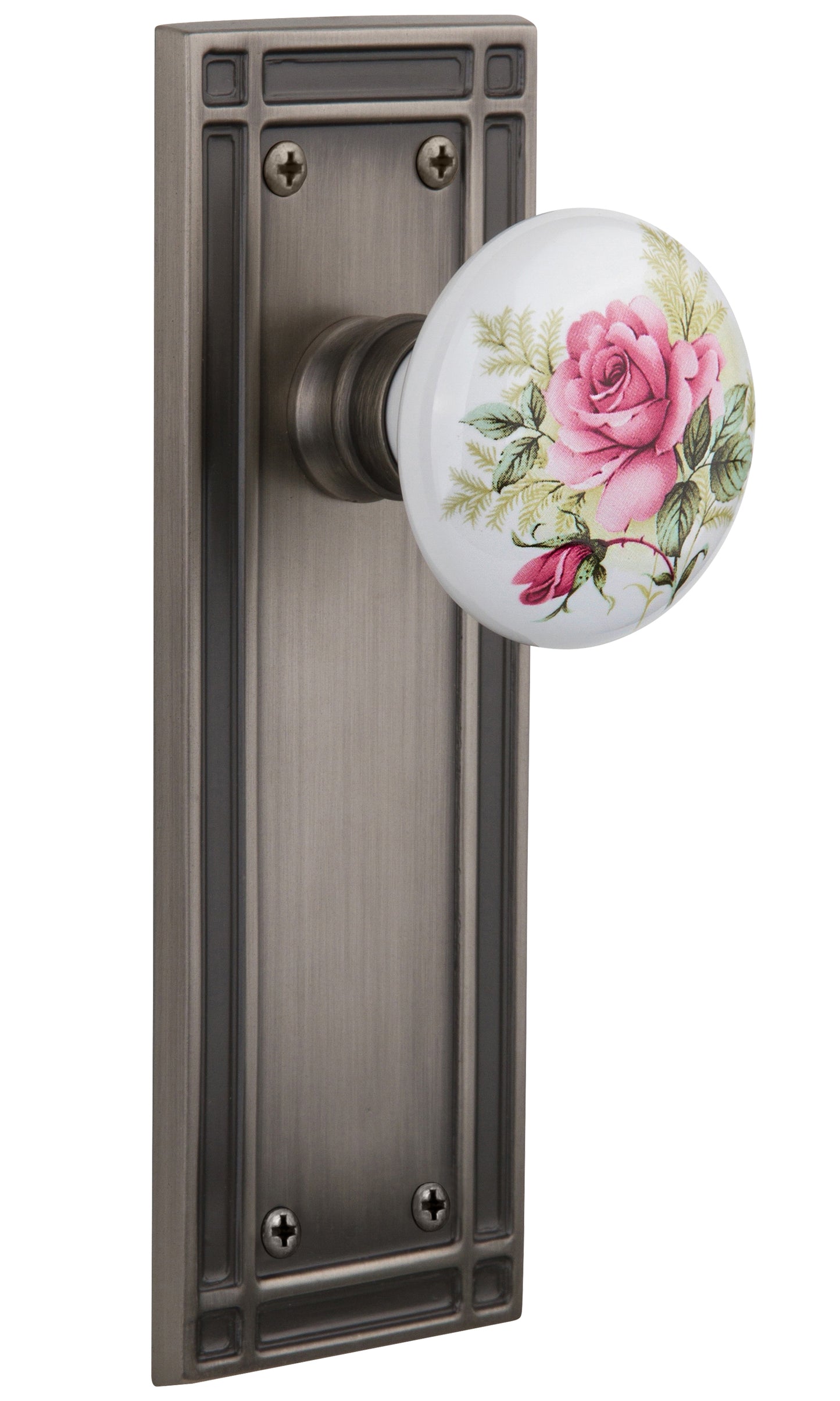 Nostalgic Warehouse White/Rose Porcelain Knob with Mission Plate - Antique pewter