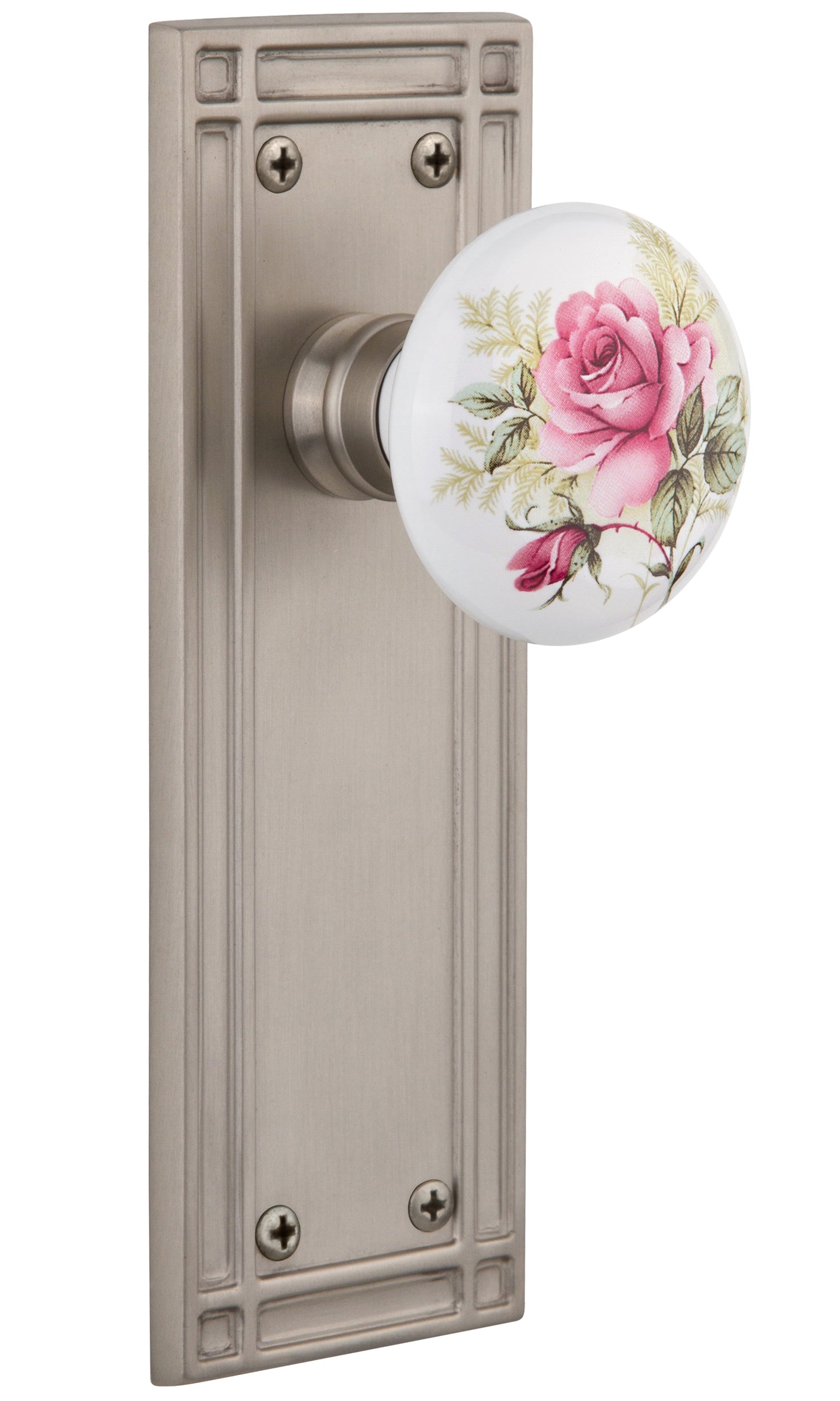 Nostalgic Warehouse White/Rose Porcelain Knob with Mission Plate - Satin nickel
