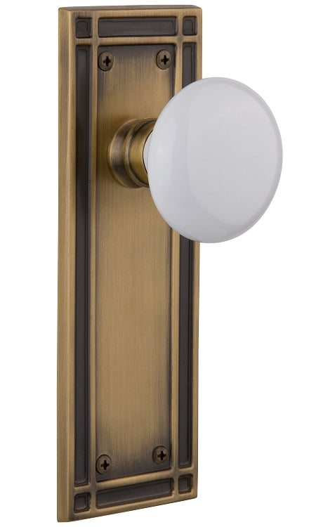 Nostalgic Warehouse White Porcelain Knob with Mission Plate - Antique brass
