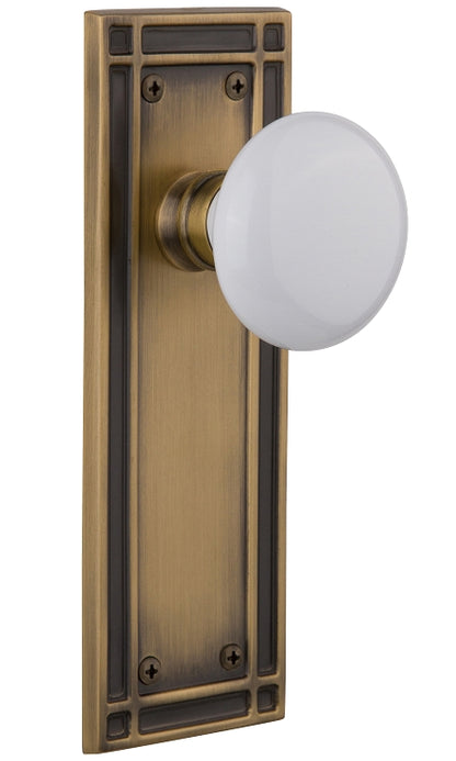 Nostalgic Warehouse White Porcelain Knob with Mission Plate - Antique brass