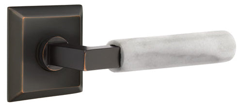 Emtek L-Square White Marble Grip Door Lever with Quincy Rosette in Oil Rubbed Bronze Finish