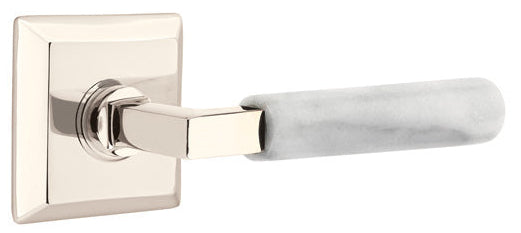 Emtek L-Square White Marble Grip Door Lever with Quincy Rosette in Polished Nickel Finish