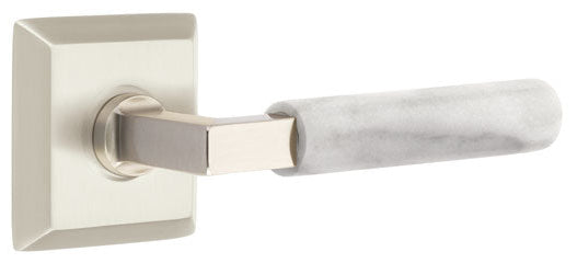 Emtek L-Square White Marble Grip Door Lever with Quincy Rosette in Satin Nickel Finish
