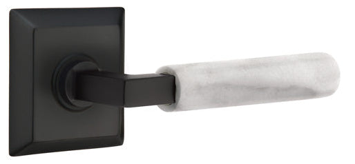 Emtek L-Square White Marble Grip Door Lever with Quincy Rosette in Flat Black Finish